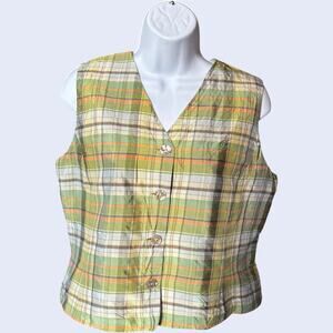 Saks Fifth Avenue Real Clothes Silk Plaid Vest Green Orange V-Neck Petite M Y2K